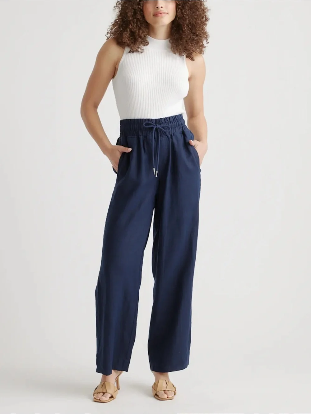 Quince 100% European Linen Wide Leg Pants in Deep Navy Size Medium